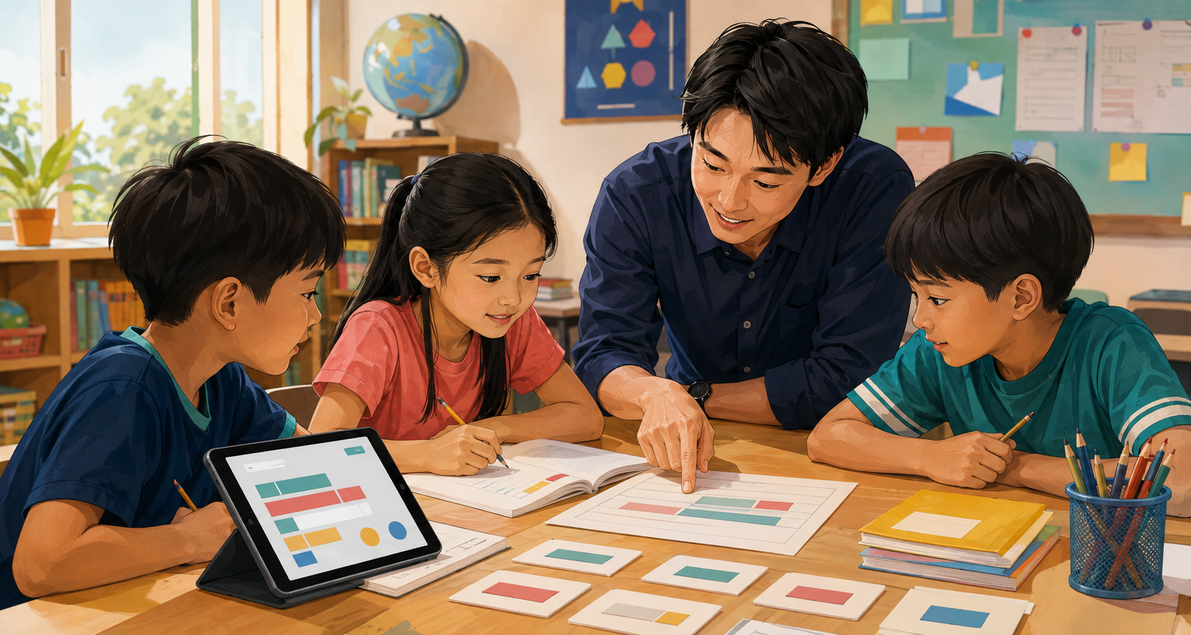 Tiga siswa SD Indonesia belajar matematika bersama pengajar Jepang menggunakan tablet, buku, kartu angka, dan bar model